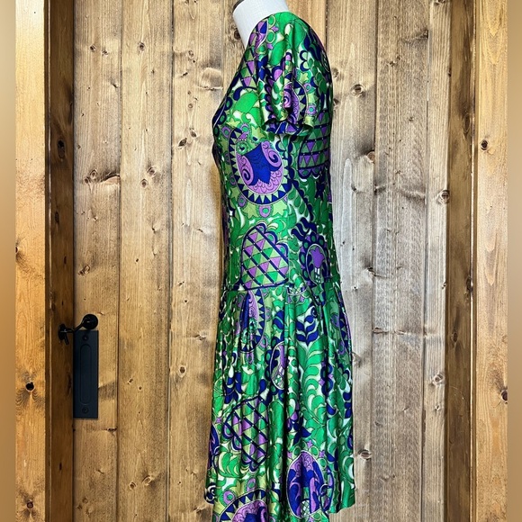 Vintage Retro Green Purple Vibrant Handmade Dress Mod 60s MCM - Picture 4 of 6